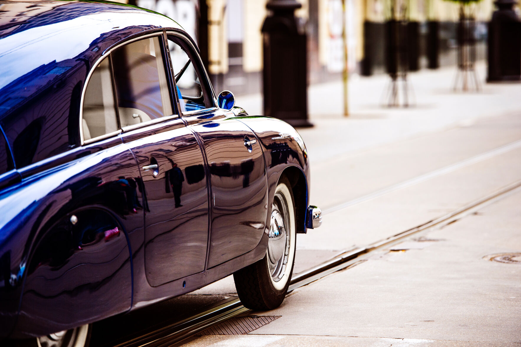 Veteran car street cruise on public roads. rear view